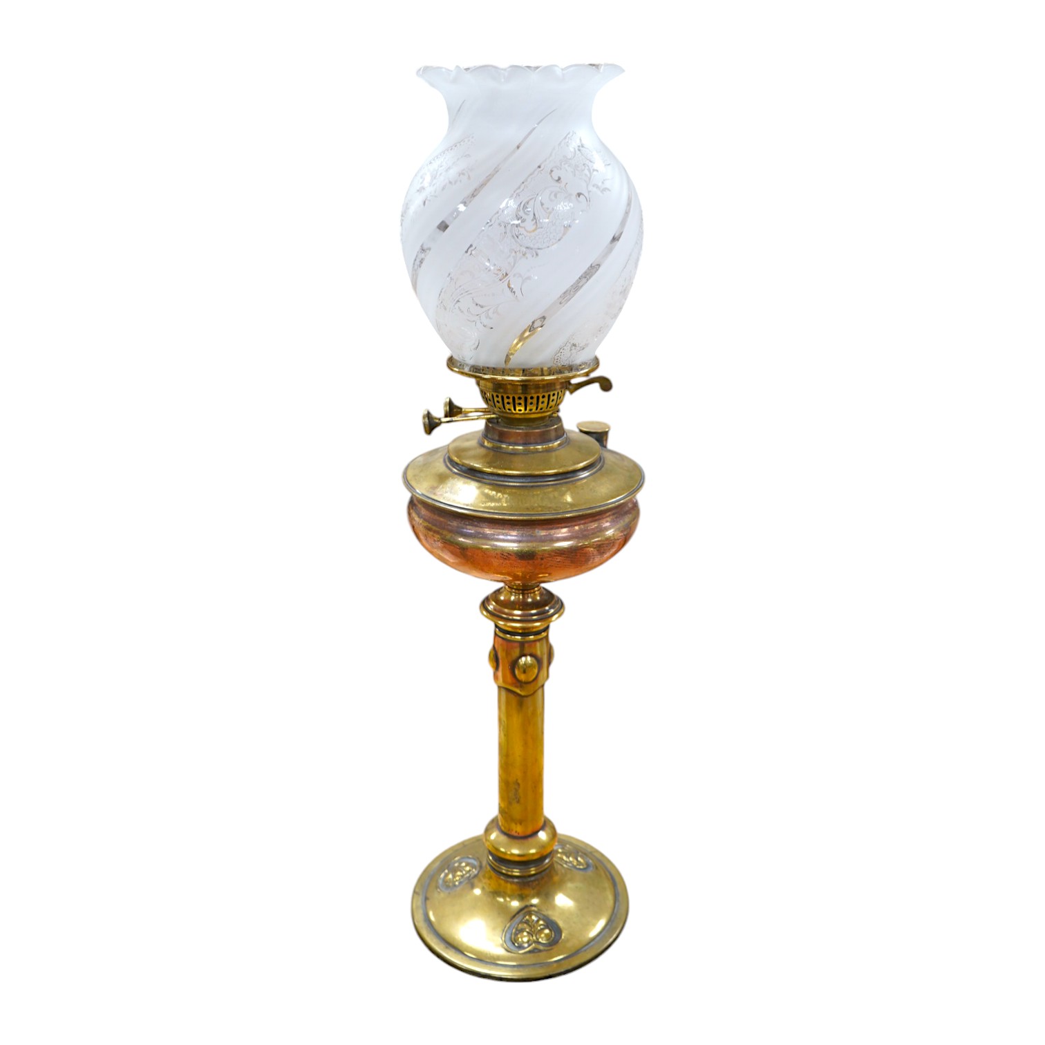 An English Arts and Crafts oil lamp with frosted acid etched shade, chimney, overall 74cm high. Condition – areas of old copper plating showing otherwise in good condition